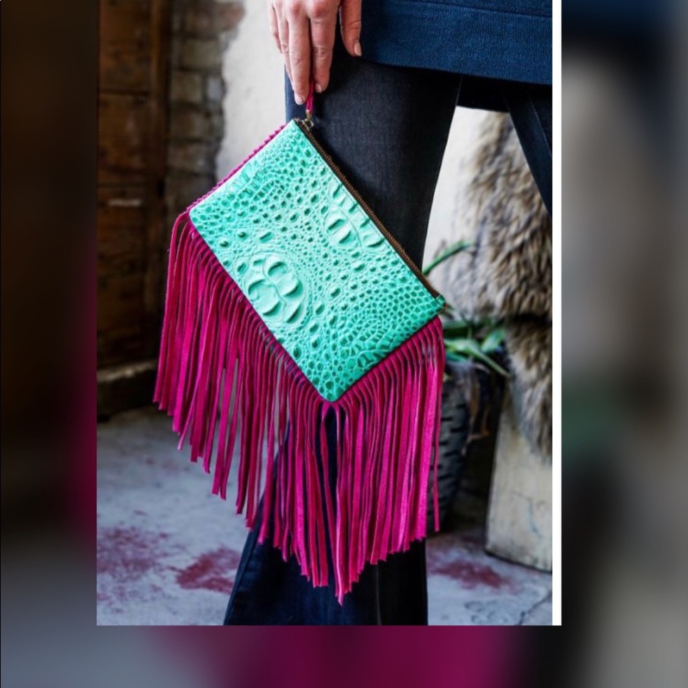 BROWN LEOPARD AND JADE GATOR CLUTCH.